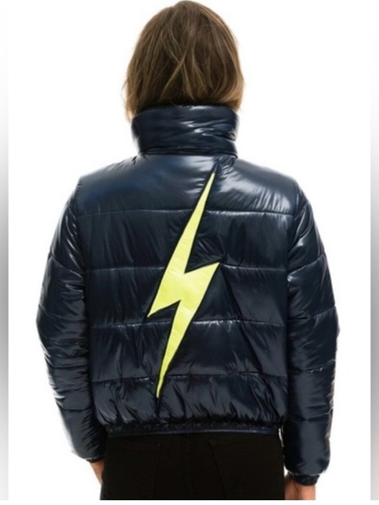 Aviator Nation Jackets & Blazers - Aviator Nation Bolt Luxe puffer navy yellow glossy jacket /Coat Medium